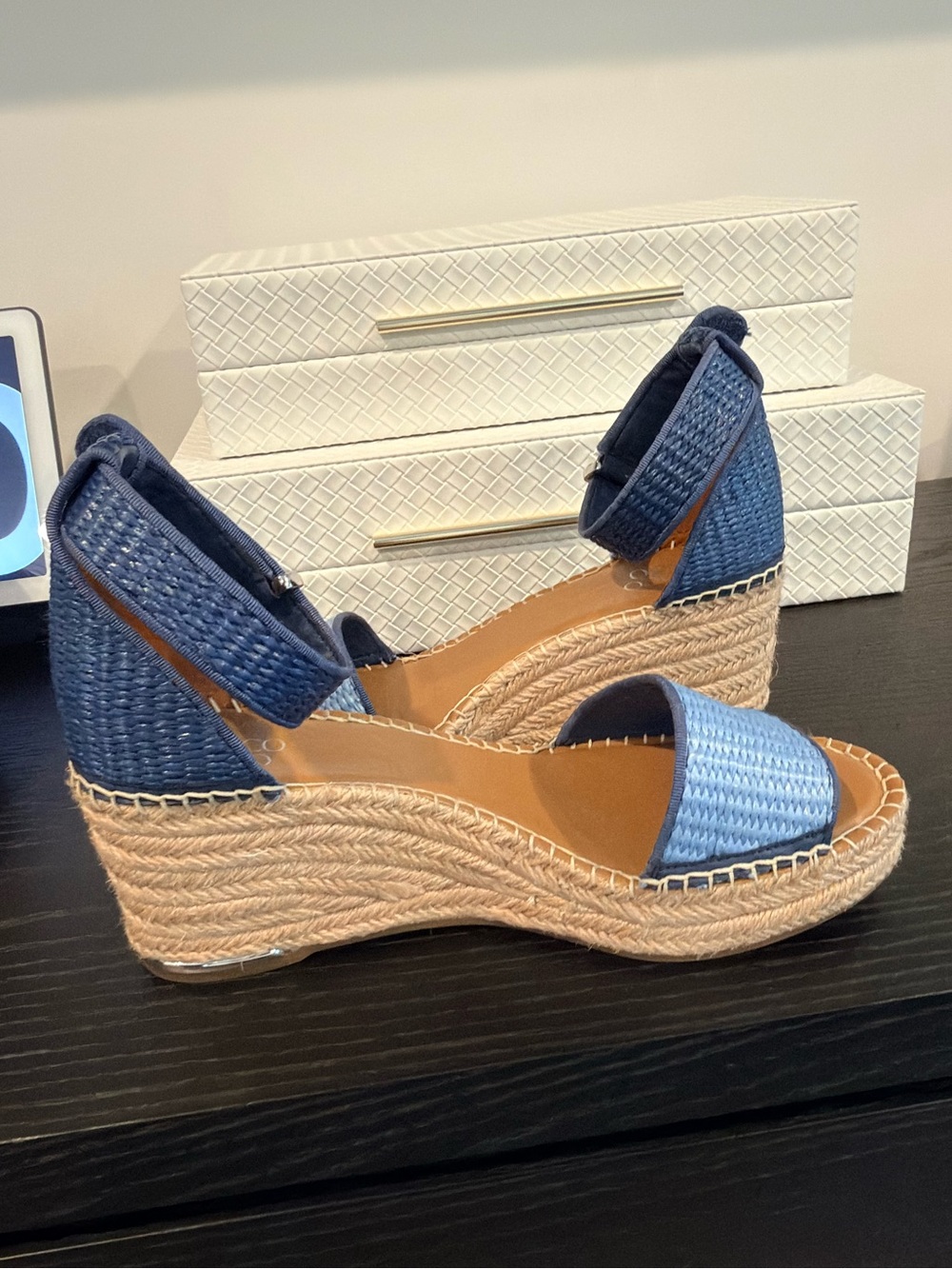 Franco Sarto Blue Wedge Espadrilles with Ankle Strap